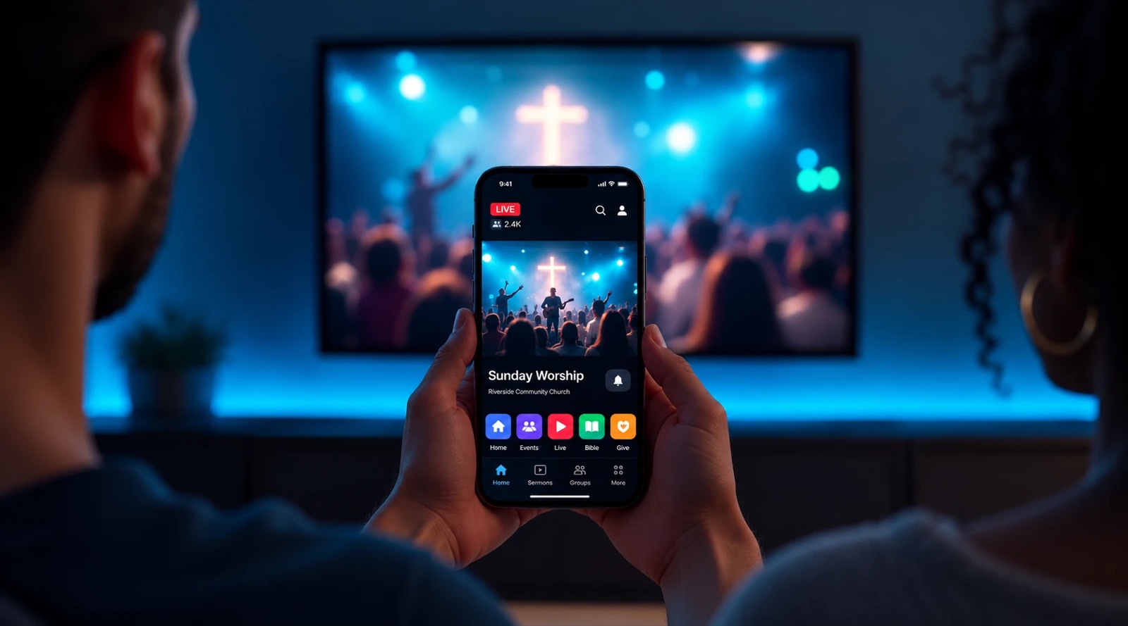 A couple watching a live church service together — the worship service on the TV and the same stream in the ministry app on a phone
