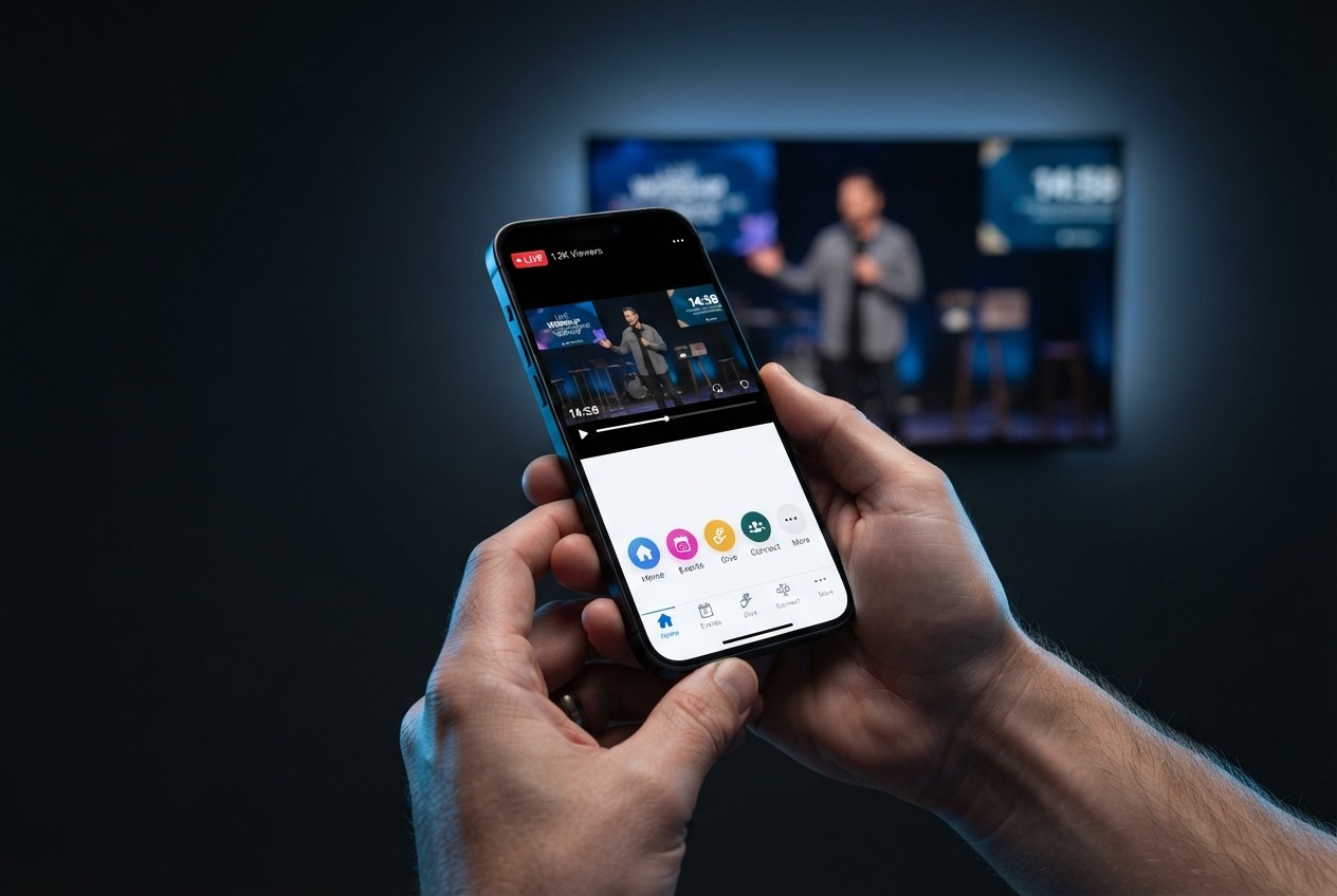 A hand holding a phone streaming a live church service, the same service playing on the TV behind