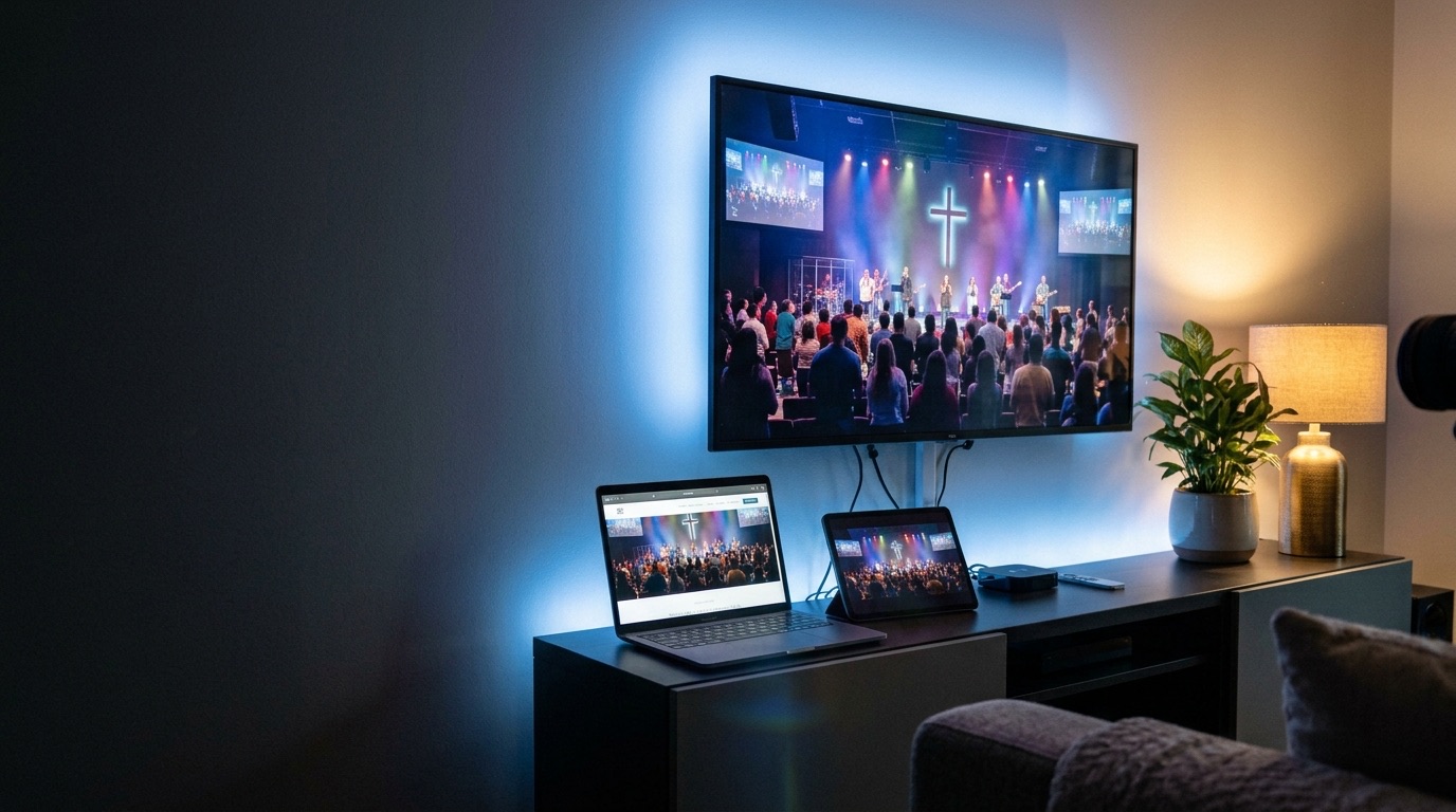 A living room where a church service plays across a smart TV, a laptop showing the church website, and a tablet